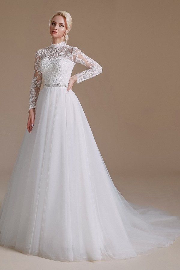 Modest A-line High Neck Long Sleeves Tulle Lace Wedding Dresses