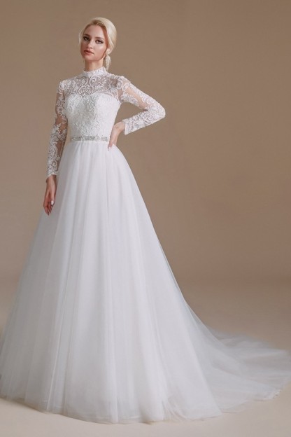 Modest A-line High Neck Long Sleeves Tulle Lace Wedding Dresses