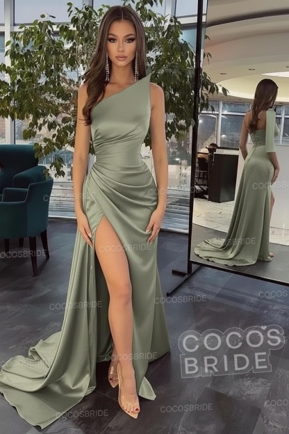 Elegant Black Long Mermaid One Shoulder Satin Prom Dress