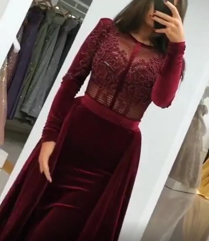 Vintage Bateau Long Sleeve Appliques Lace Floor-length Ruffles Velvet Mermaid Prom Dress