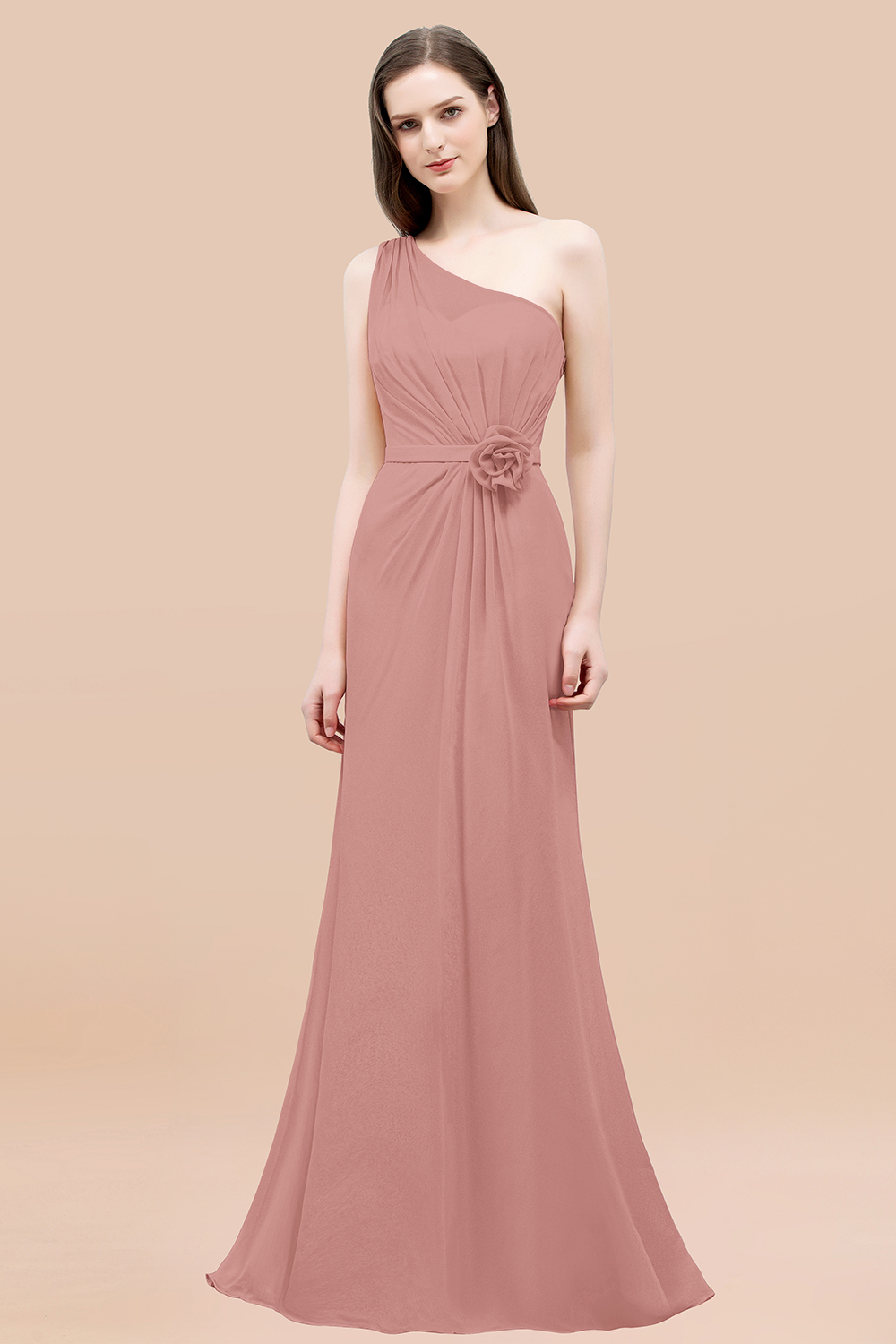 Mermaid Chiffon One-shoulder Sleeveless Ruffled Floor-Length Bridesmaid Dresses with Flower