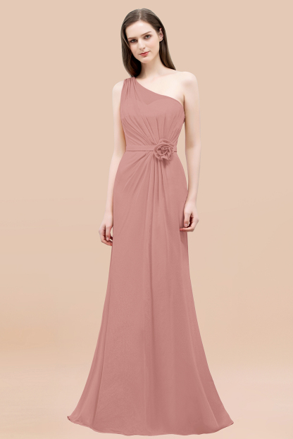 Mermaid Chiffon One-shoulder Sleeveless Ruffled Floor-Length Bridesmaid Dresses with Flower