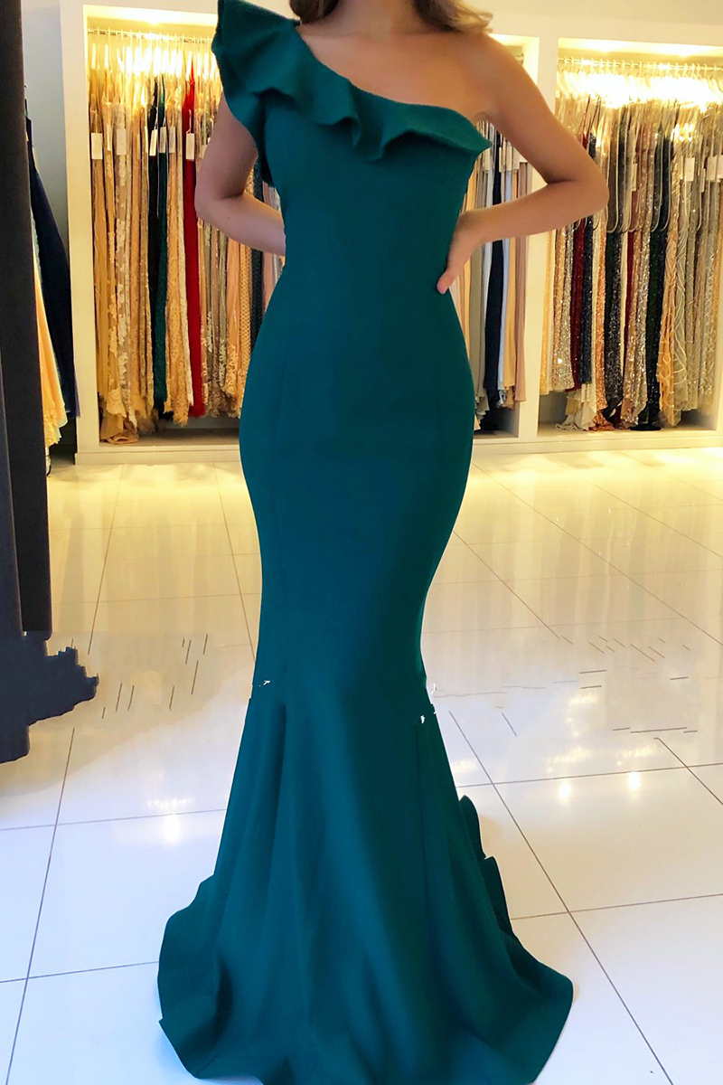 Vintage One Shoulder Floor-length Backless Mermaid Prom Dress With Ruffles