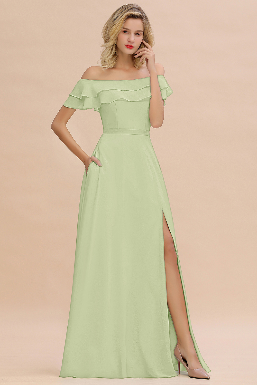 Off-the-Shoulder Front Slit Mint Green Long Bridesmaid Dress