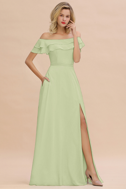 Off-the-Shoulder Front Slit Mint Green Long Bridesmaid Dress