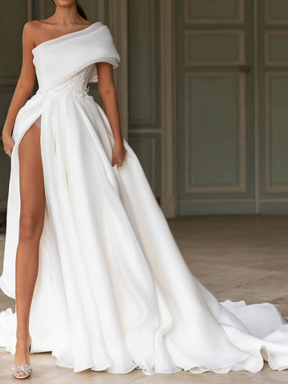 Long A-Line One Shoulder Chiffon Simple Wedding Dresses