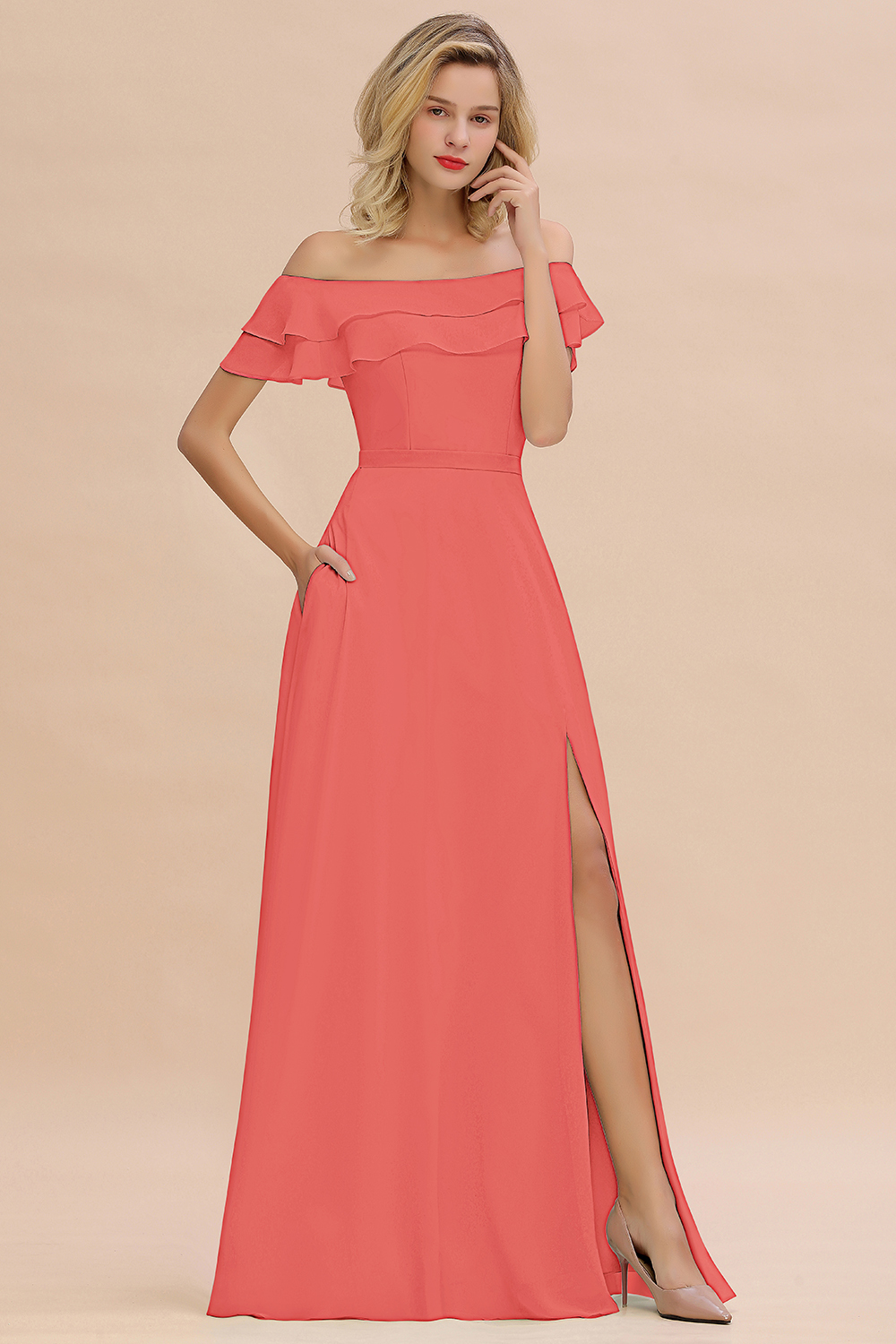 Off-the-Shoulder Front Slit Mint Green Long Bridesmaid Dress