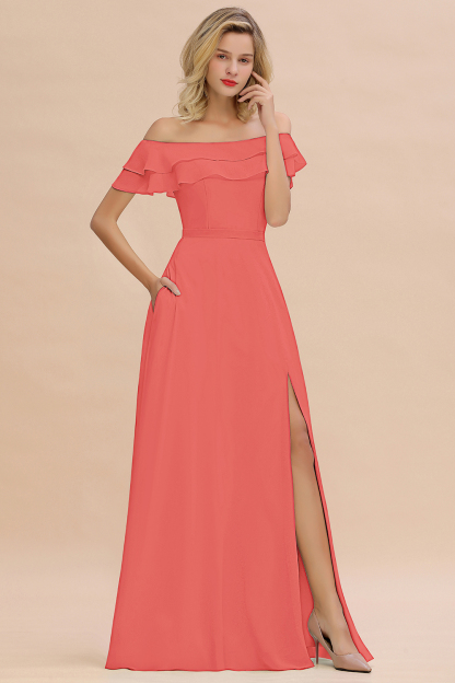 Off-the-Shoulder Front Slit Mint Green Long Bridesmaid Dress