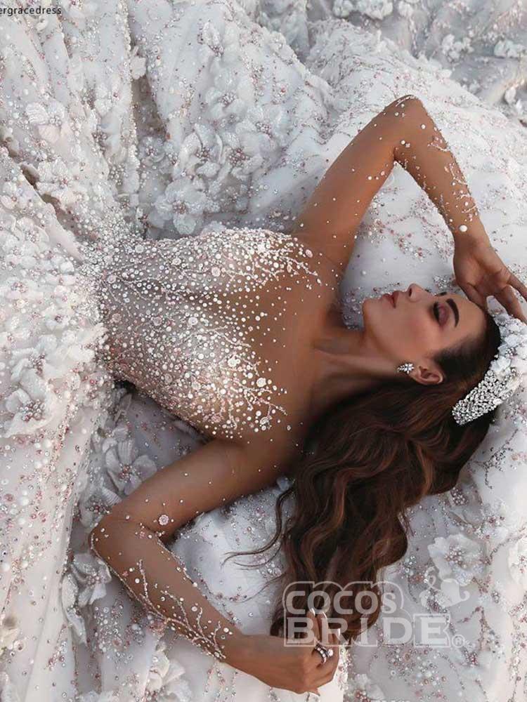 Luxury Long V Neck Ball Gown Tulle Lace Wedding Dresses with Sleeves