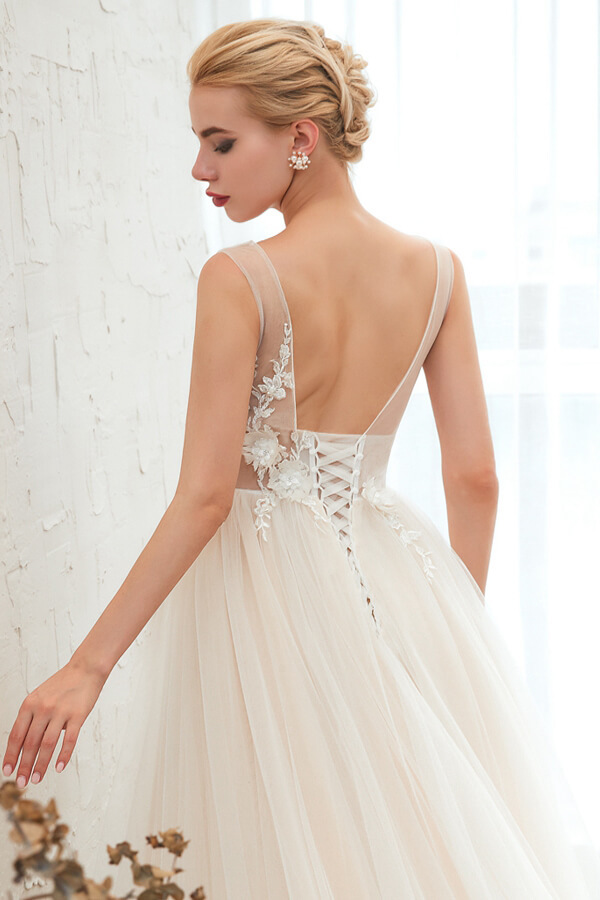 Long A-line V-neck Chapel Train Tulle Wedding Dress