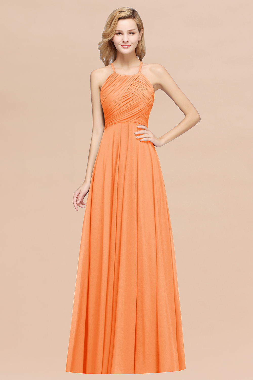 A-Line Chiffon Halter Ruffles Floor-Length Bridesmaid Dress
