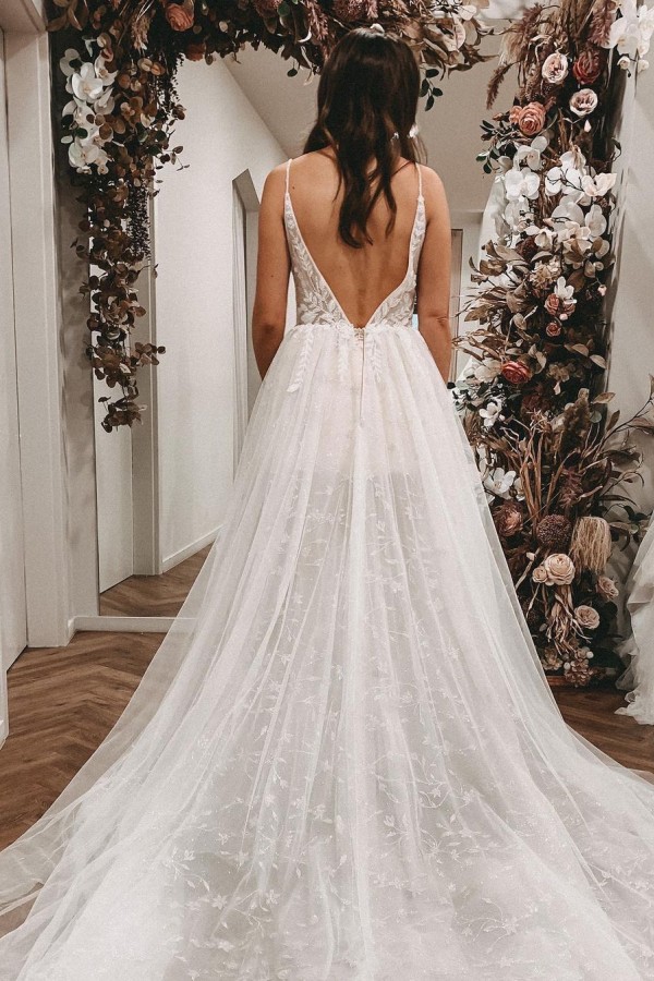 Simple Long A-line V-neck Lace Tulle Open Back Wedding Dress with slit