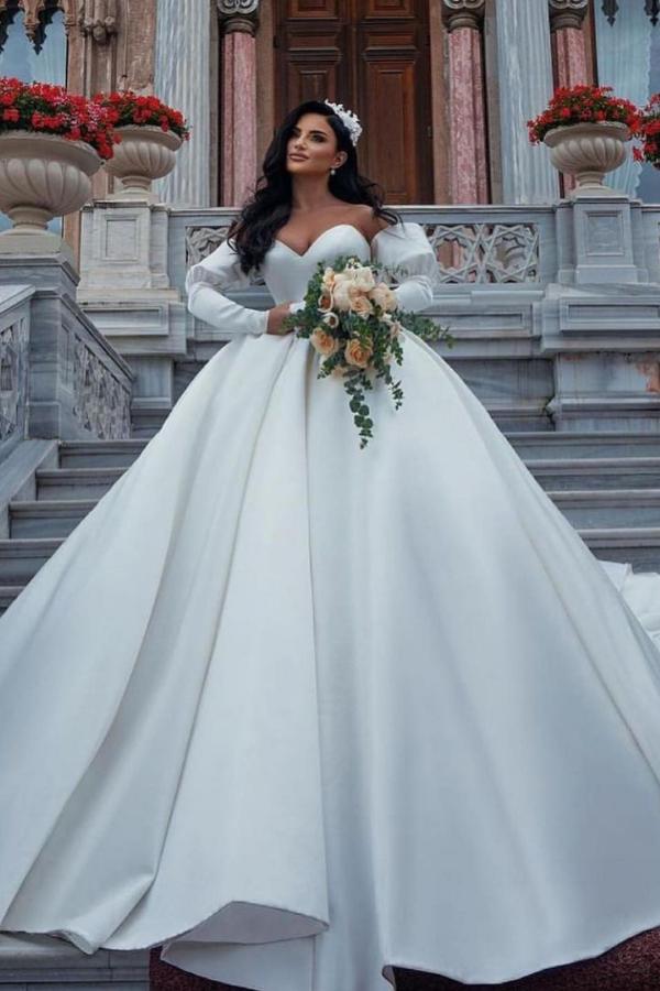 Long Ball Gown Satin Sweetheart Wedding Dresses with Sleeves