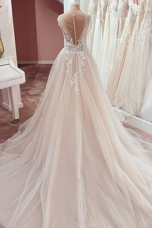 Long A-Line Wide Straps Appliques Lace Tulle Ruffles Wedding Dress