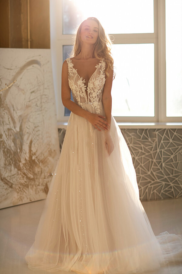 Elegant Long V-neck Appliques Lace Tulle A-line Wedding Dress