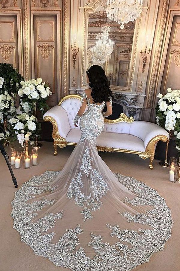 Glamorous Long Sleeves Tulle High Neck Appliques Wedding Dresses with Detachable Overskirt