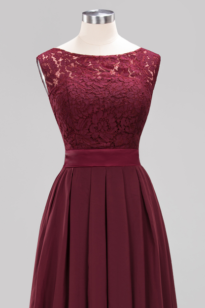 A-line Chiffon Lace Jewel Sleeveless Ruffles Floor-length Bridesmaid Dress