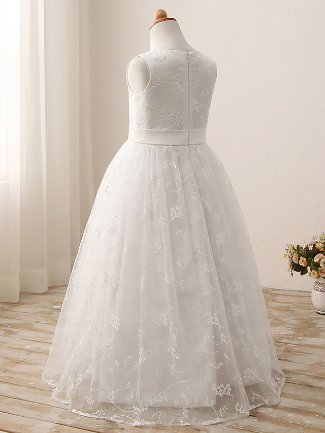 Ball Gown Long Length Wedding / First Communion / Birthday Flower Girl Dresses - Tulle / Cotton Sleeveless Jewel Neck With Embroidery / Solid