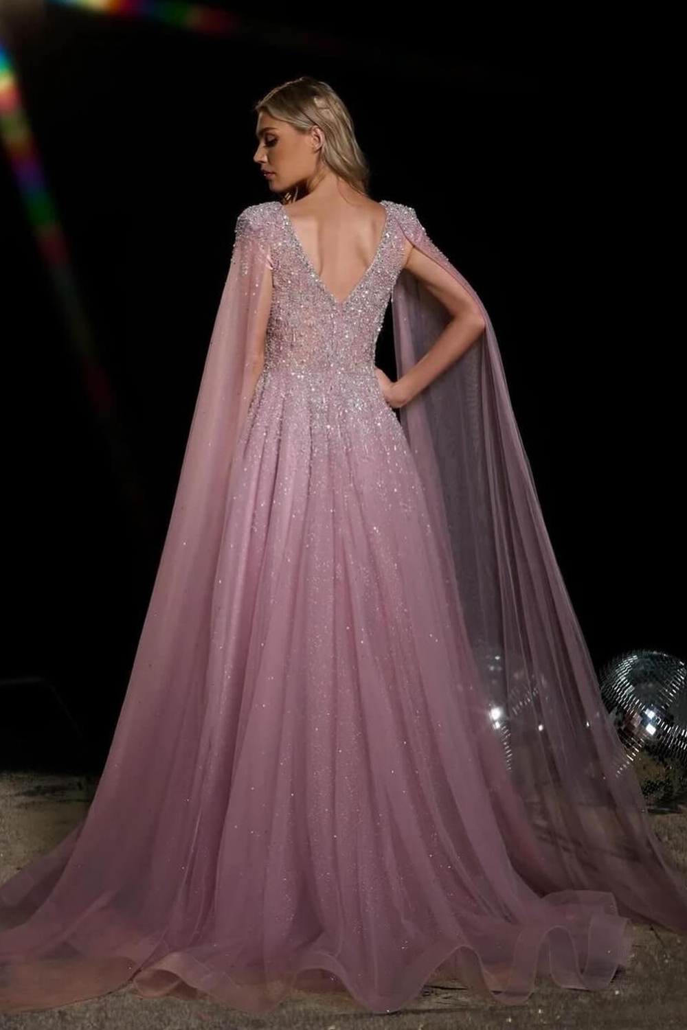 Sparkle Tulle V-Neck A-Line Prom Dress Watteau Train with Beads and Sequined