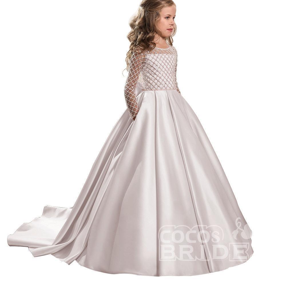 White Scoop Neck Long Sleeves Ball Gown Flower Girls Dress