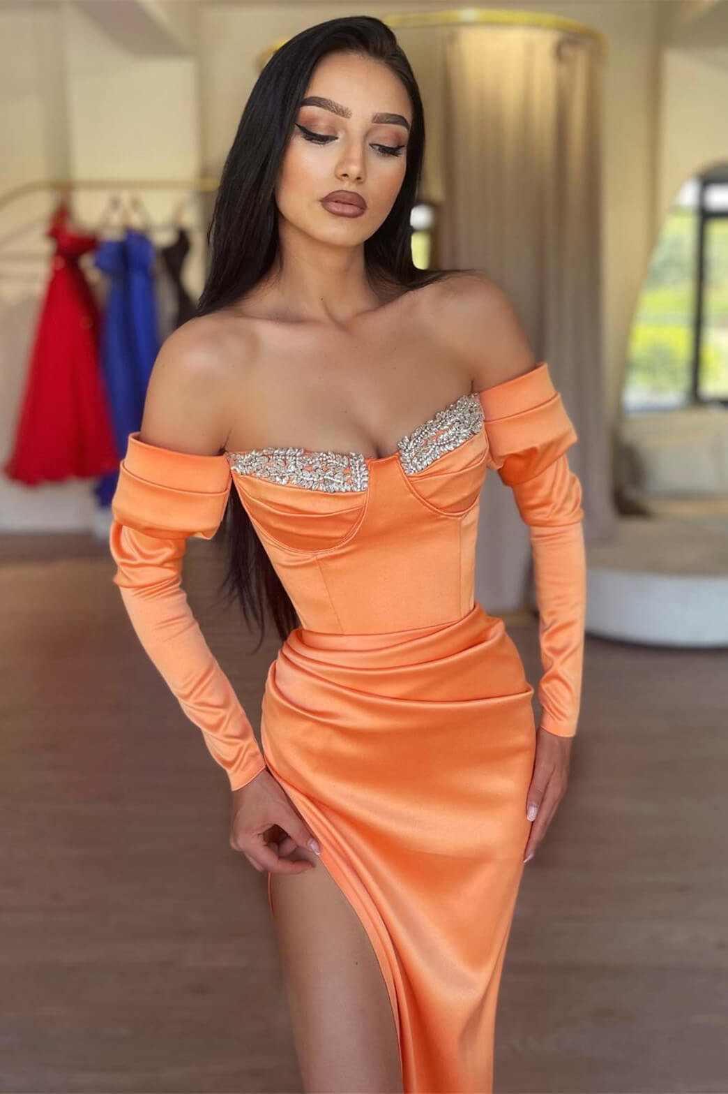 Long Sleeve Mermaid Off The Shoulder Satin Prom Dress with Split Front