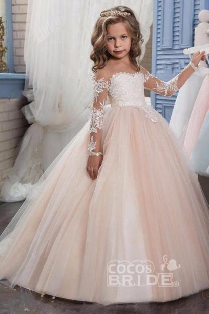 White Scoop Neck Long Sleeves Ball Gown Flower Girls Dress
