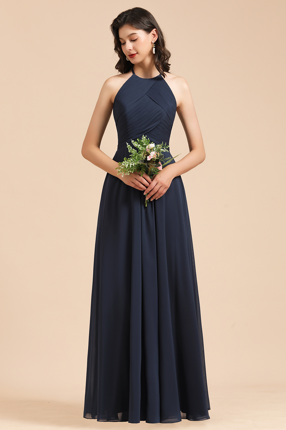 Long A-line Halter Chiffon Bridesmaid Dress Dark Navy Evening Maxi Dress