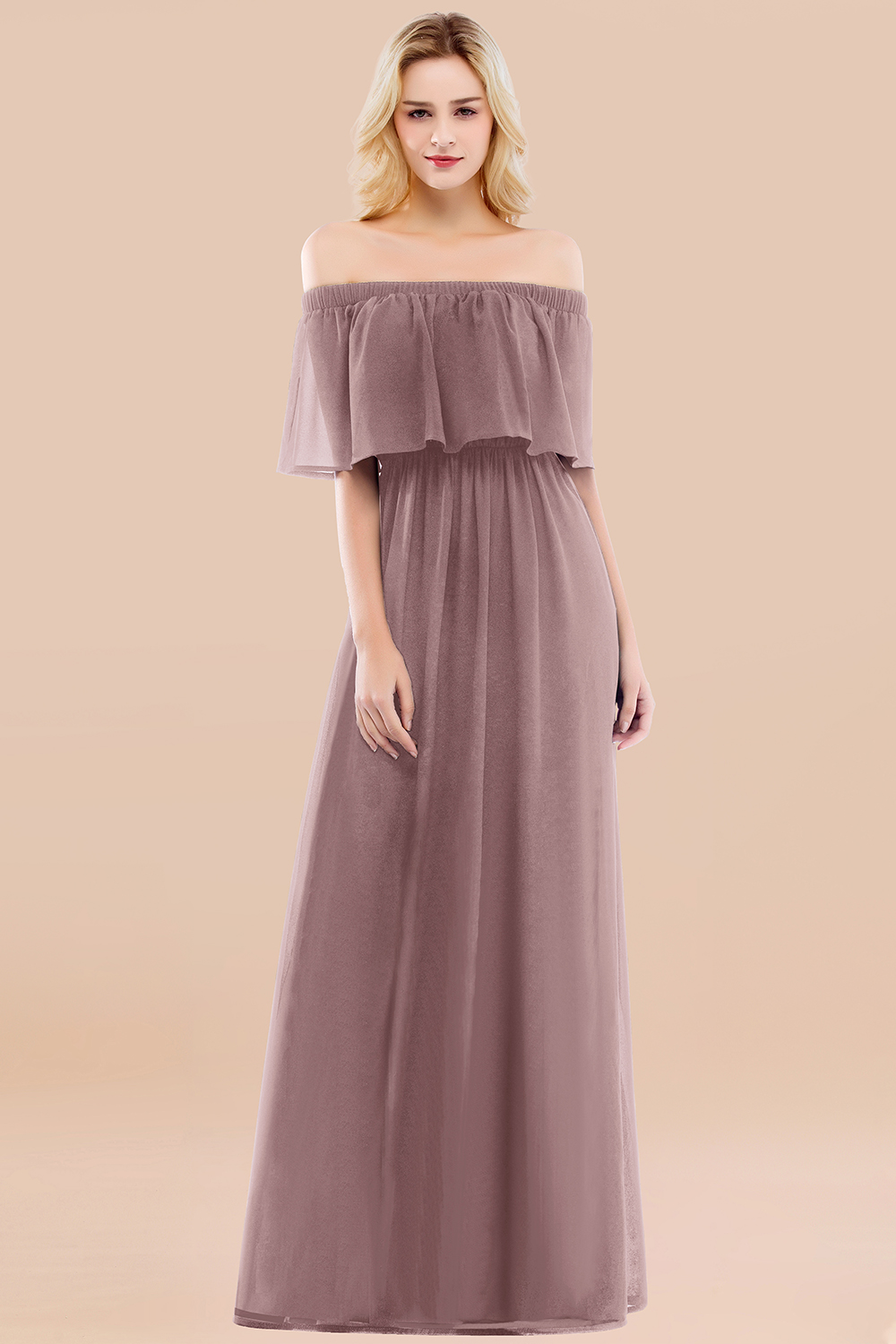 A-line Chiffon Off-the-Shoulder Short-Sleeves Ruffles Floor-length Bridesmaid Dress