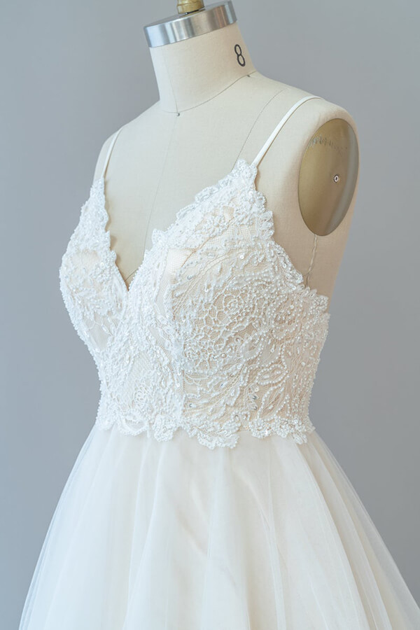 Long Sweetheart Spaghetti Strap Lace Tulle A-line Wedding Dress