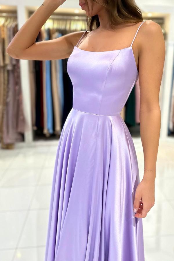 Simple Long A-line Spaghetti Straps Satin Backless Prom Dresses