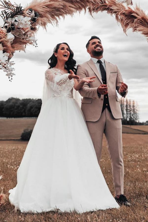 Modest Boho Long A-line Illusion Neck Tulle Wedding Dress with Sleeves
