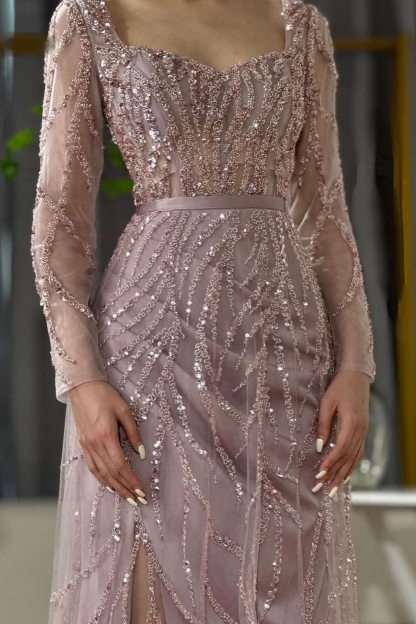 Long Sleeve Pink Sequined Mermaid Slit Prom Dress Detachable Tulle