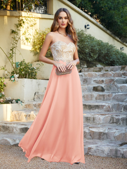Gorgeous Long A-line Chiffon Lace Sleeveless Prom Dresses