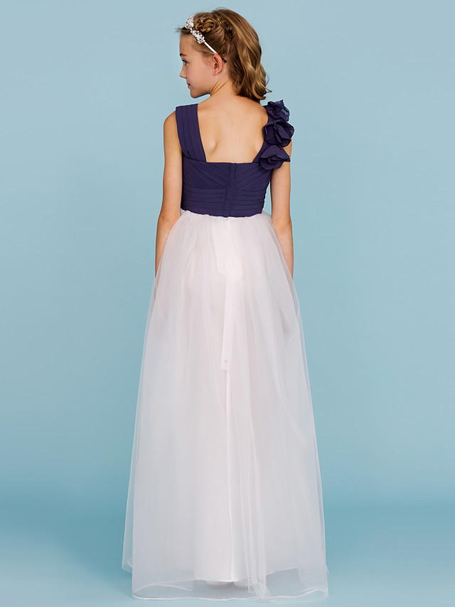 Princess / A-Line Straps Floor Length Chiffon / Tulle Junior Bridesmaid Dress With Criss Cross / Ruched / Flower / Color Block / Floral / Wedding Party