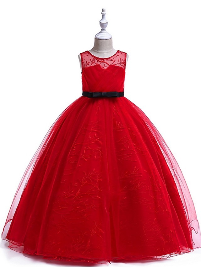 Princess Round Floor Length Cotton Junior Bridesmaid Dress With Bow(S) / Embroidery