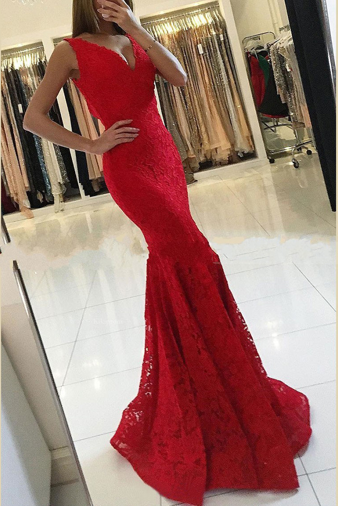 Glamorous Red Long Mermaid Deep V-neck Lace Prom Dress