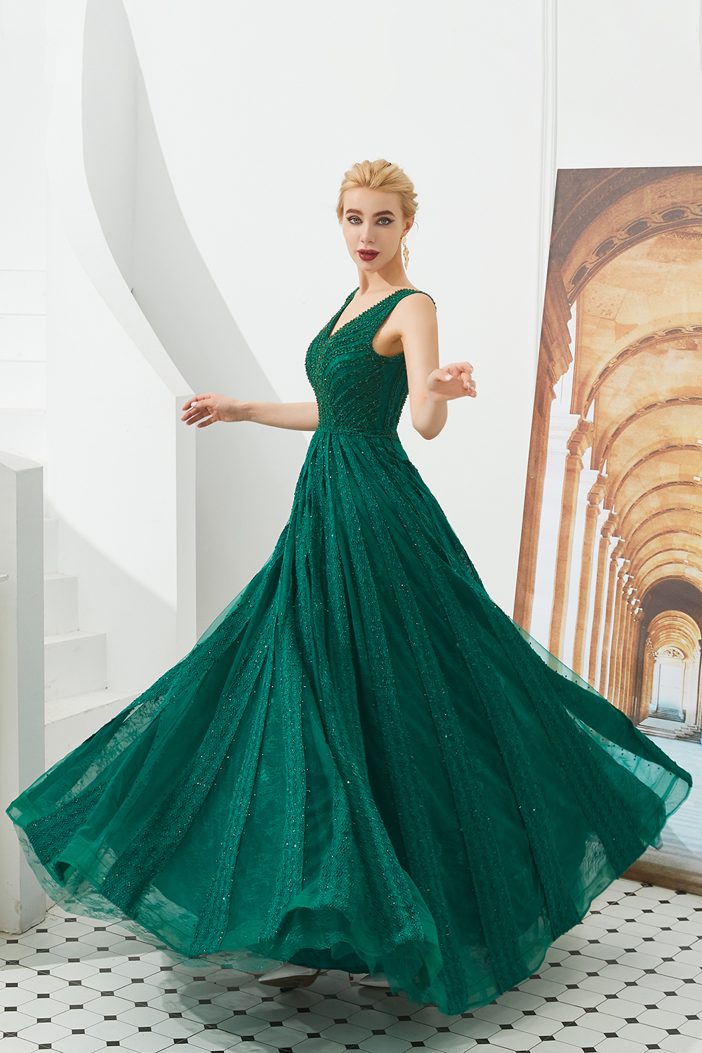 Long V-neck Tulle A-line Sequin Burgundy Formal Dresses