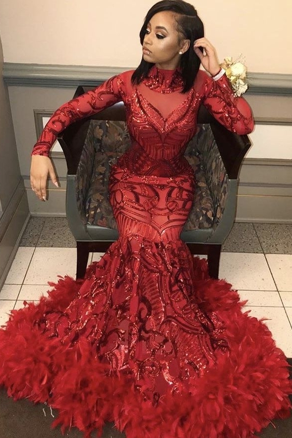 Long Mermaid High Neck Sequined Prom Dress with Sleeves