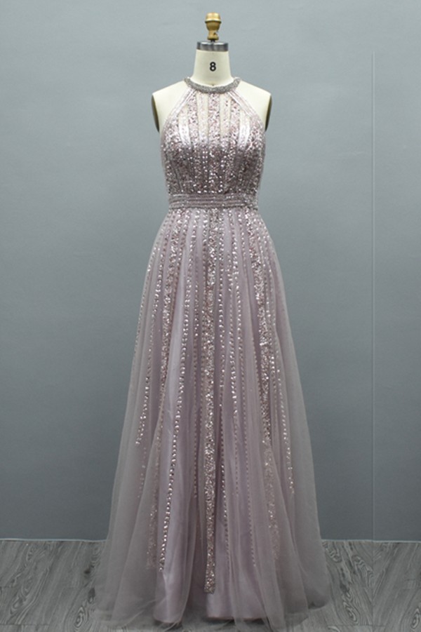 Elegant Long A-line Halter Tulle Beading Evening Gowns Online