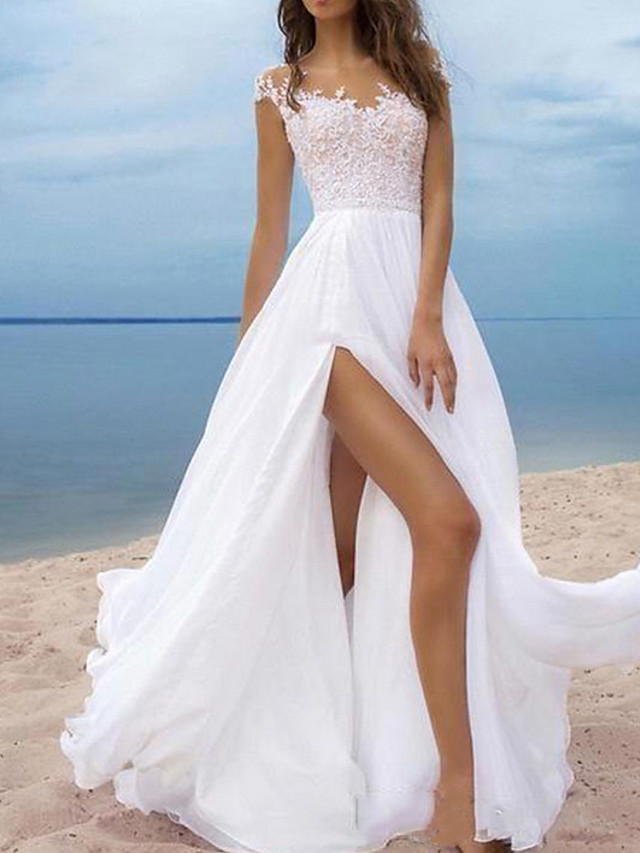 A-Line Wedding Dresses Off Shoulder Sweep \ Brush Train Chiffon Cap Sleeve