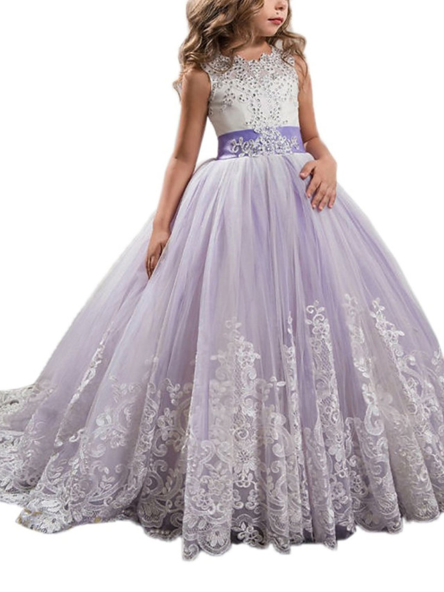 Princess Sleeveless Jewel Neck Pageant Flower Girl Dresses With Bow(S)