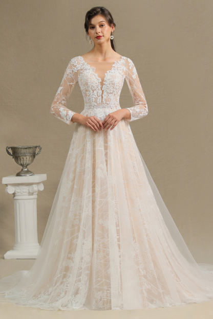 Long A-line V-neck Tulle Lace Wedding Dress with Sleeves