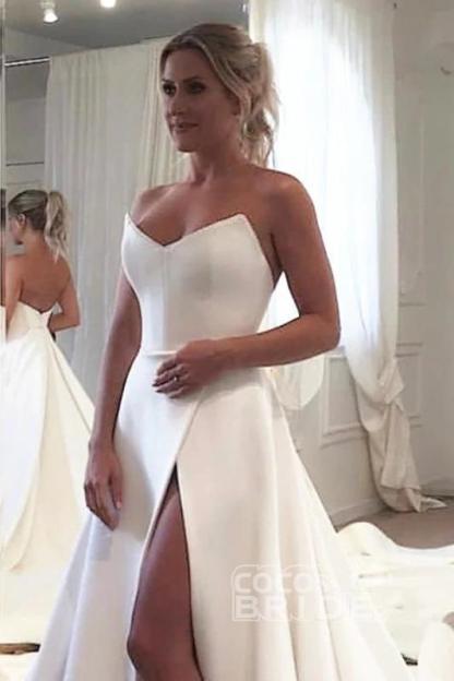 Strapless A-line Satin Backless Long Wedding Dress
