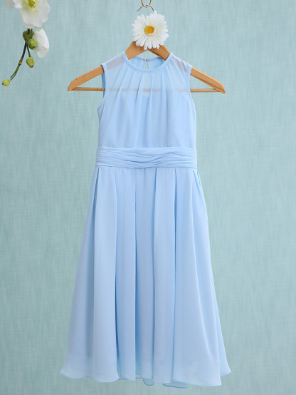 Sky Blue Long A-line Jewel Neck Knee Length Chiffon Junior Bridesmaid Dress