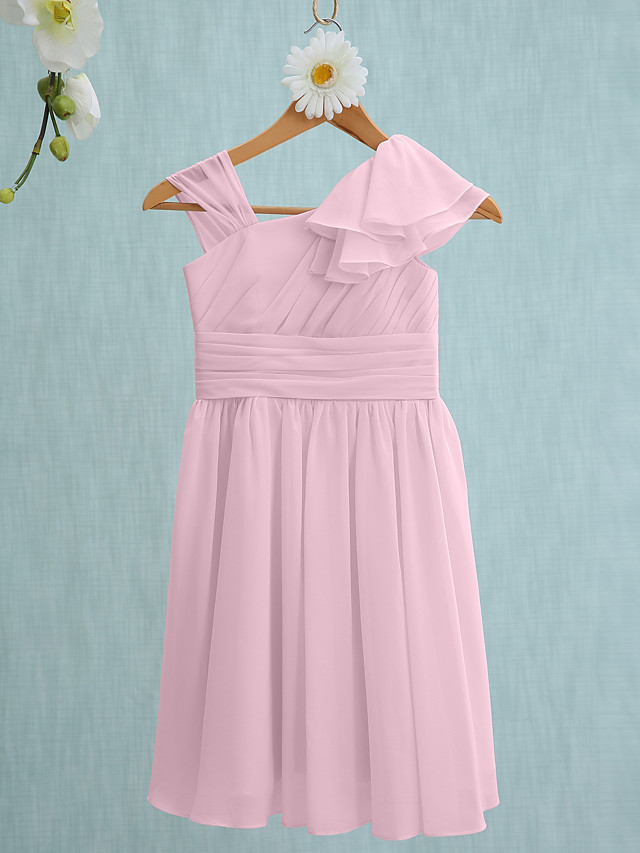 Sheath / Column Straps Knee Length Chiffon Junior Bridesmaid Dress With Ruffles / Side Draping / Natural