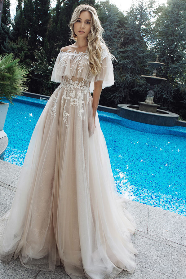 Long Tulle Appliques Off-the-shoulder A-line Wedding Dress