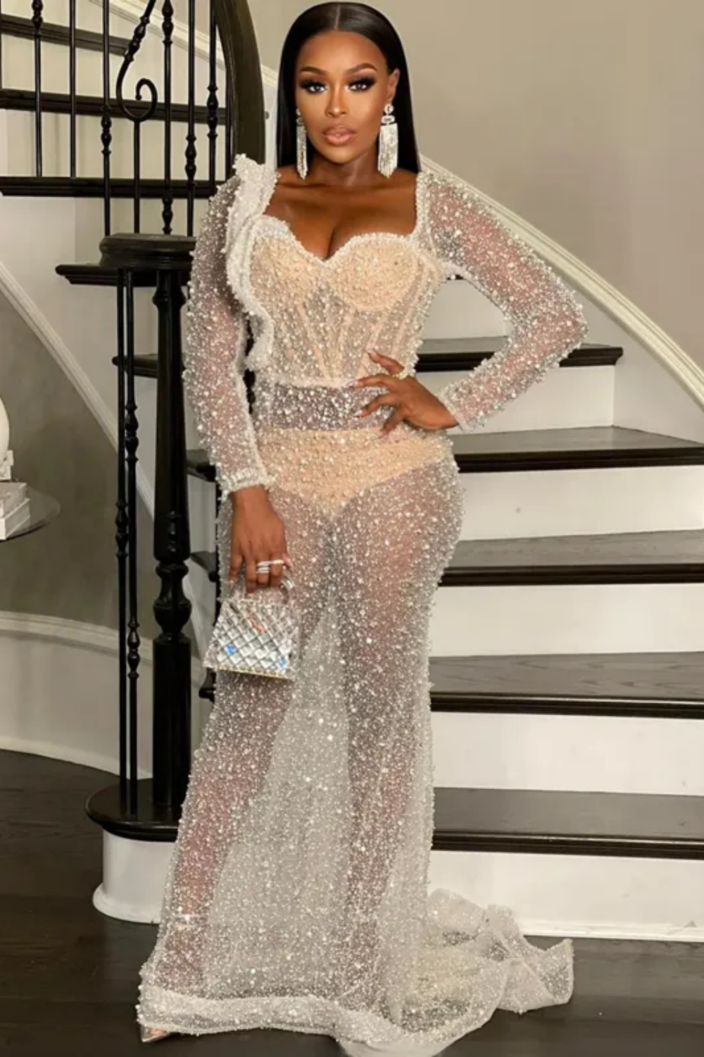Sexy Long Sleeve Mermaid Tulle Prom Dress with Sequins
