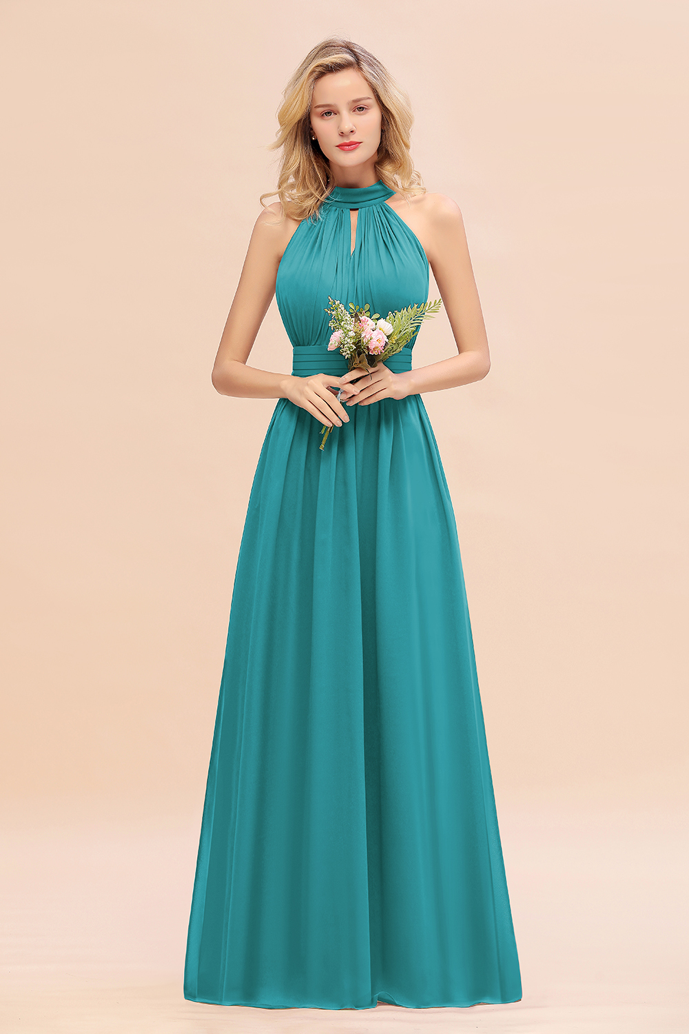 BM0758 Glamorous High-Neck Halter Bridesmaid Affordable Dresses with Ruffle