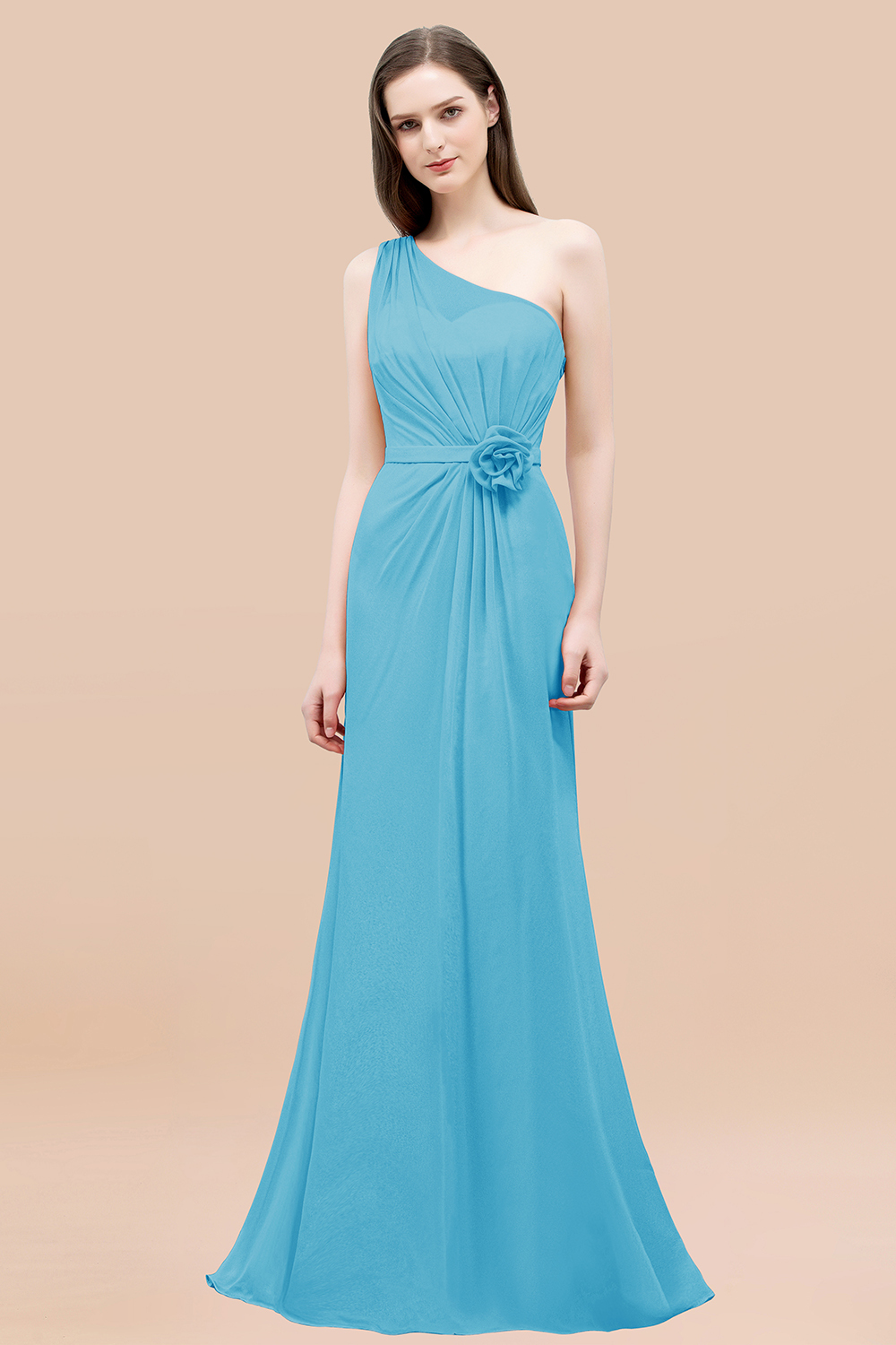 Mermaid Chiffon One-shoulder Sleeveless Ruffled Floor-Length Bridesmaid Dresses with Flower