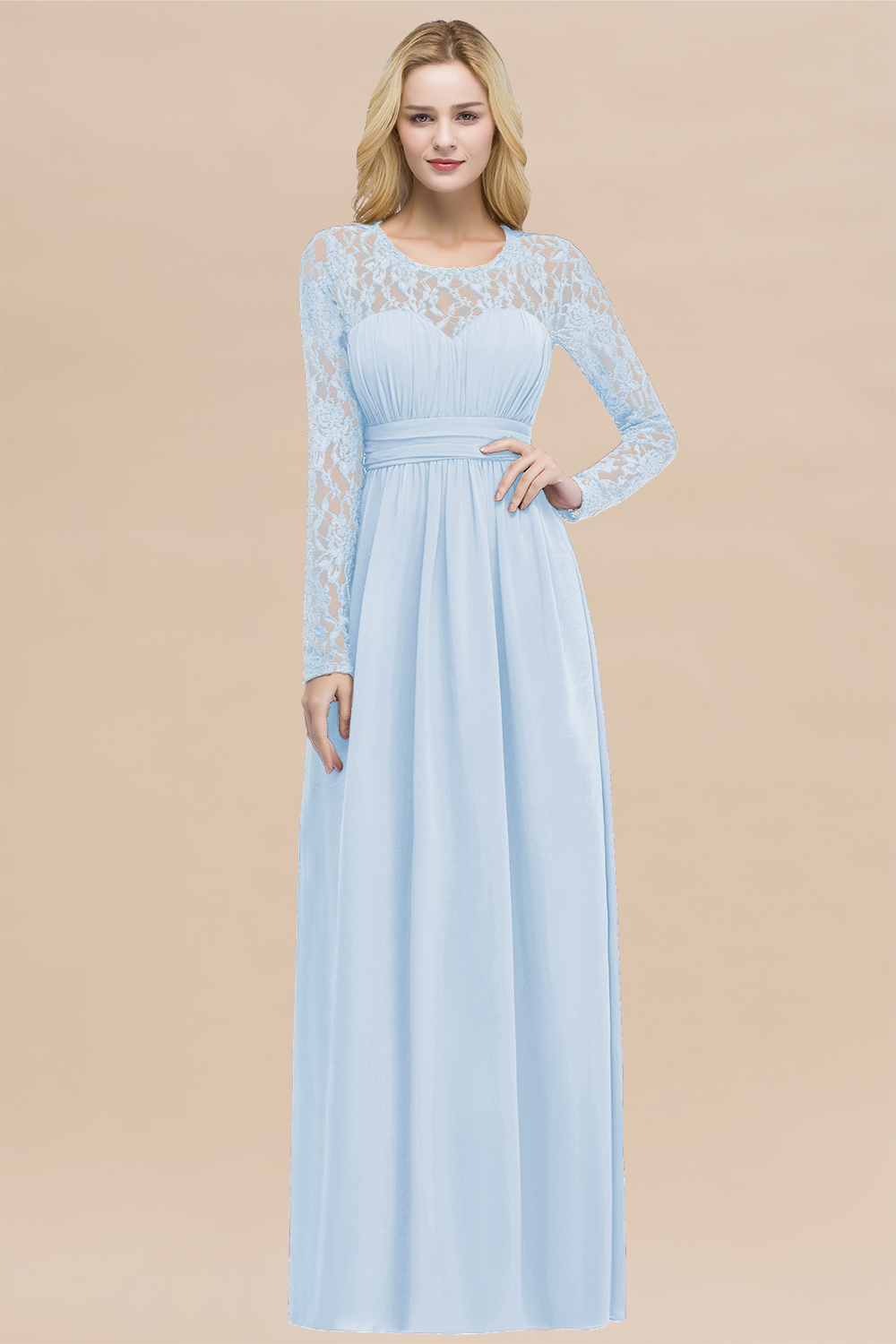 Elegant A-Line Chiffon Jewel Long Sleeves Ruffles Floor-Length Bridesmaid Dresses